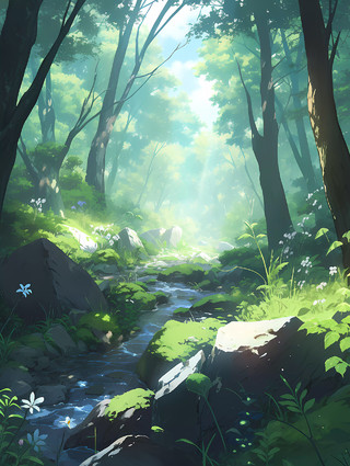 皮克斯风格夏天茂盛梦幻森林仙境的背景